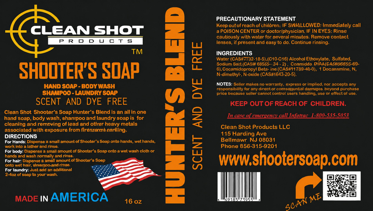Clean Shot Products Shooter's Soap scent and dye free hand soap and body wash packaging label, featuring a black background with yellow, white, and orange text, an American flag graphic, and product details including ingredients and directions.