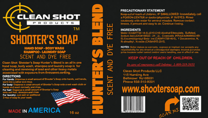 Clean Shot Products Shooter's Soap scent and dye free hand soap and body wash packaging label, featuring a black background with yellow, white, and orange text, an American flag graphic, and product details including ingredients and directions.