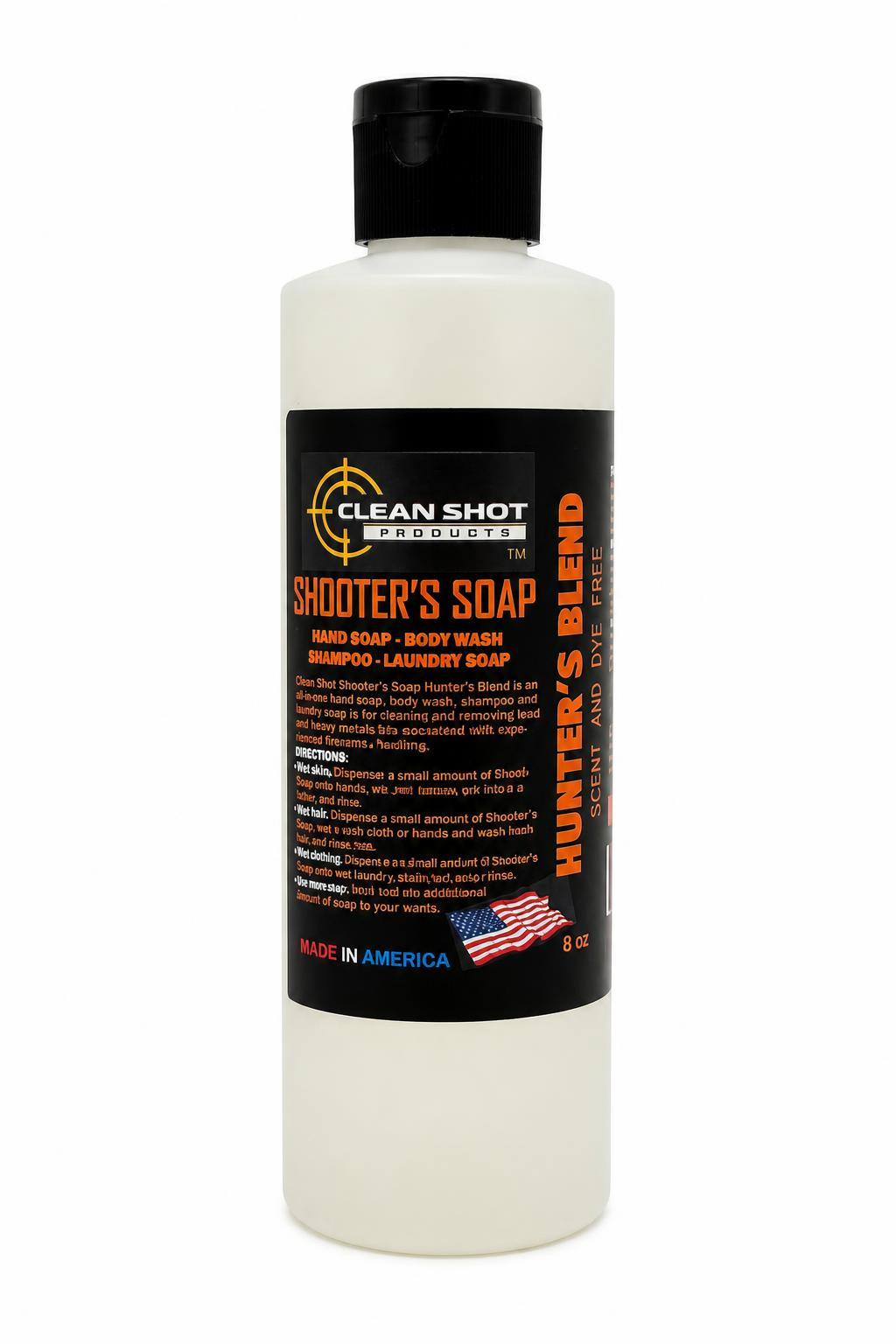 A 8 oz white plastic bottle of Clean Shot Firearms Hunter's Blend scent and dye free shotgun soap with a black cap and black label, shown on a white background.