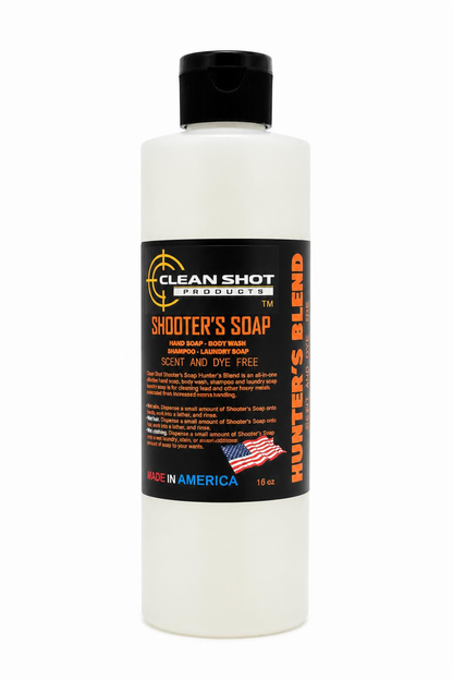 A 16 oz white plastic bottle of Clean Shot Products Shooter's Soap Hunter's Blend with a black cap and a black label featuring orange and white text.