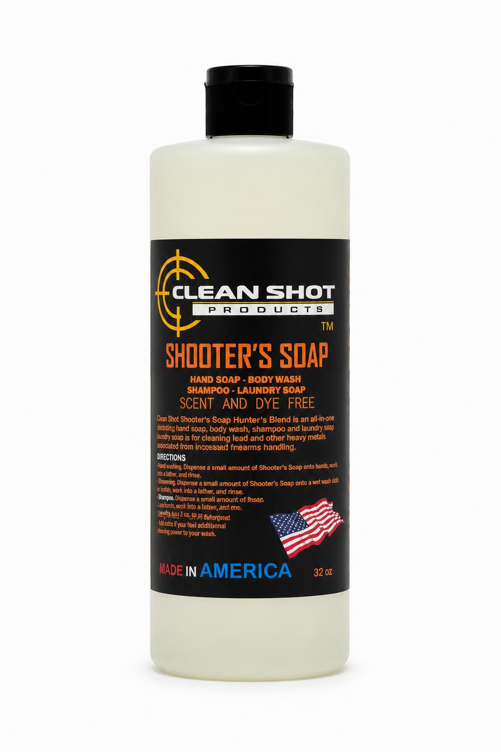 A 32 oz bottle of Clean Shot Products Shooter's Soap hand/arm/body wash, featuring a black cap and a black label with orange and white text, set against a plain white background.