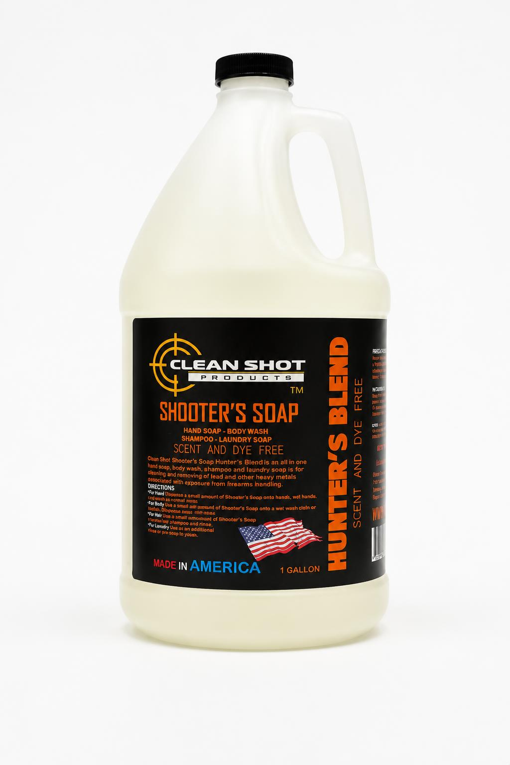 A 1 gallon plastic jug of Clean Shot Remover Shooter's Soap on a white background. The jug is translucent white with a black cap and a black label featuring orange and yellow text.