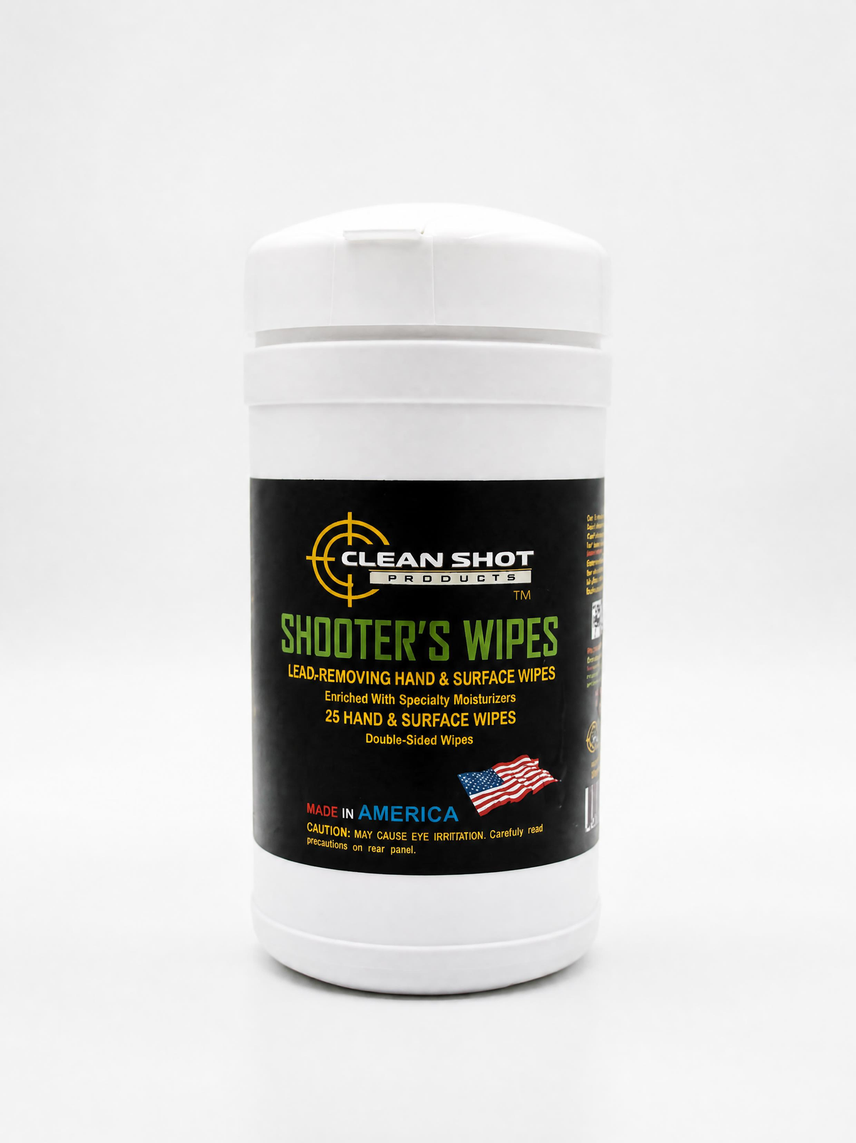 A white plastic container of Clean Shot Products Shooter's Wipes with a black label, set against a plain white background.