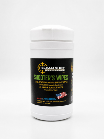 A white plastic container of Clean Shot Products Shooter's Wipes with a black label, set against a plain white background.