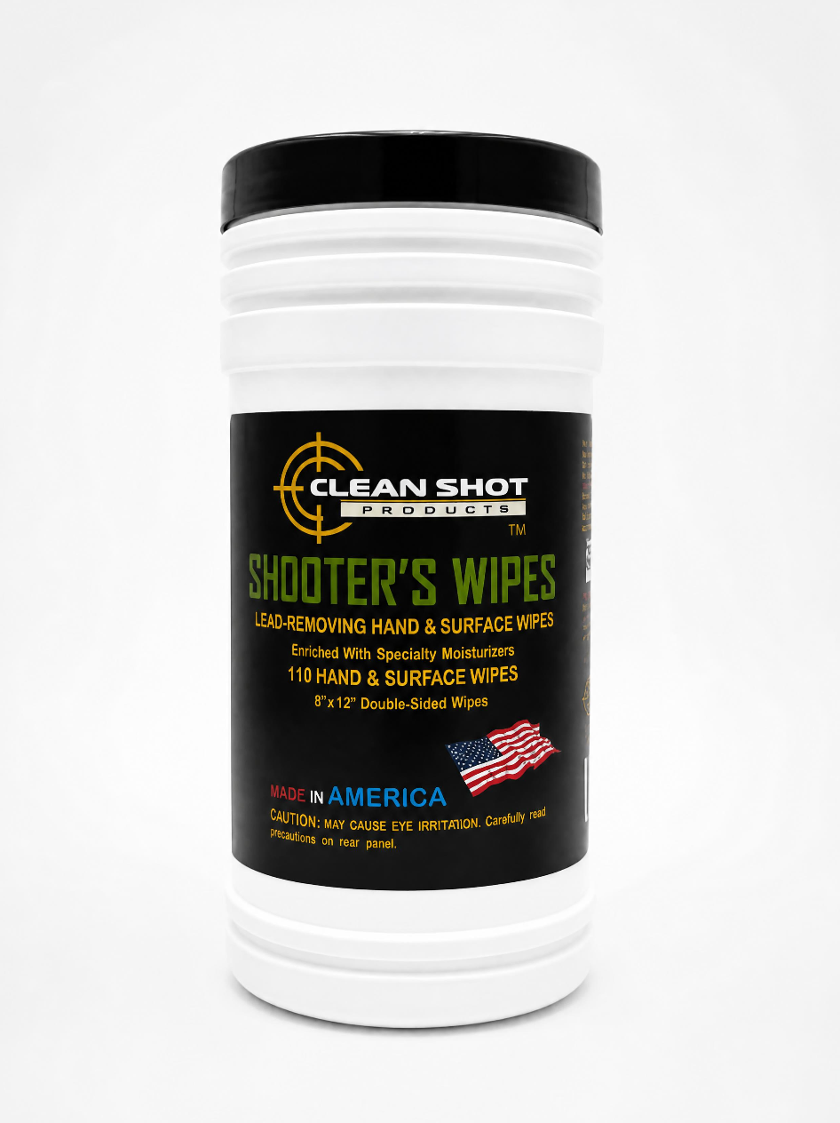 A white plastic tub of Clean Shot Products Shooter's Wipes with a black lid and black label, photographed on a clean white background.